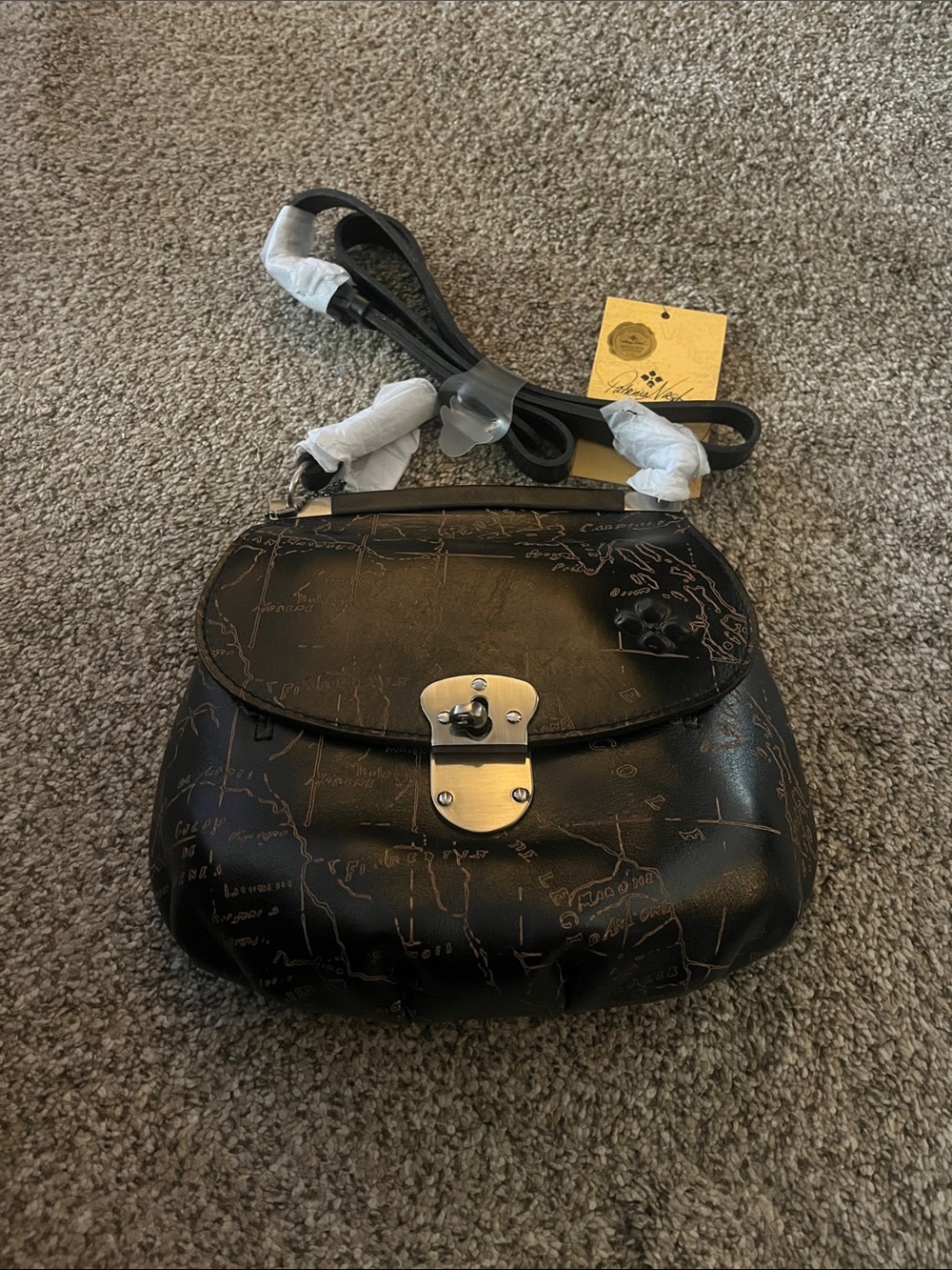 Patricia Nash Black Leather Crossbody with Map Embossing